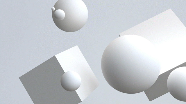 3D rendering of white cubes and spheres of multiple sizes floating in front of a grey background