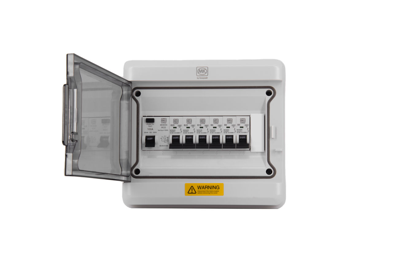 MK6552sSP1A 8 WAY IP65 CU 63A RCD & 6X MCB, front