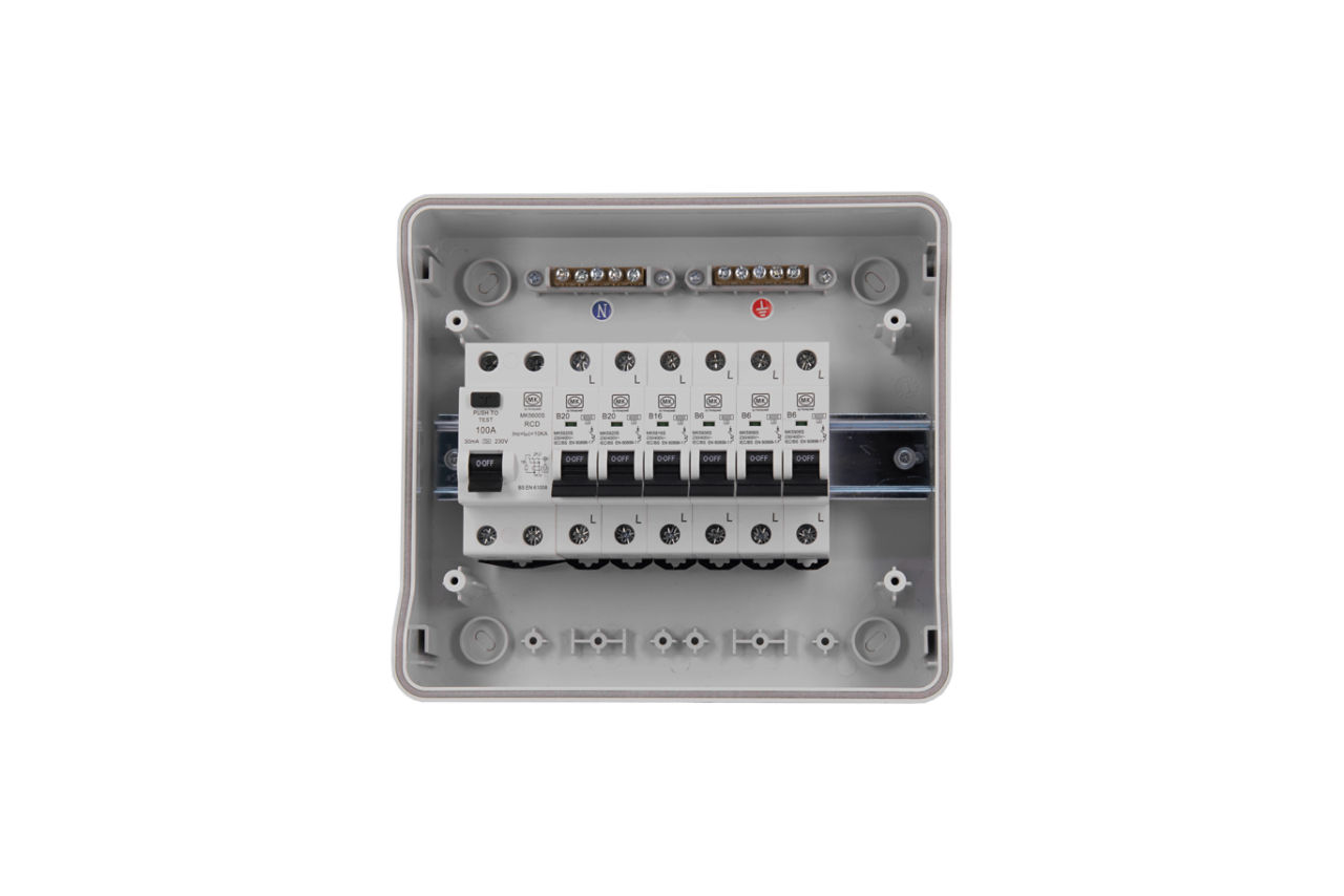 MK6552sSP1A 8 WAY IP65 CU 63A RCD & 6X MCB, front