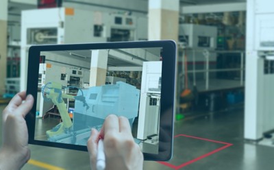 smart manufacturing ,industry 4.0, 5.0 technology concept, man use augmented mixed virtual reality technology to manage and simultion to install new machine in the factory predict, analytic how to fit