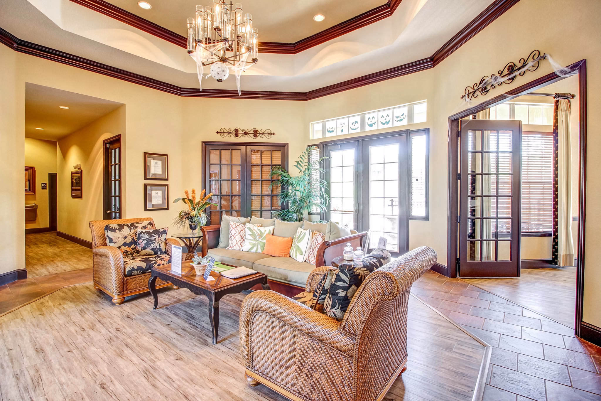 Clubhouse featuring modern lounge and entertainment area at Hawthorne Village Apartments