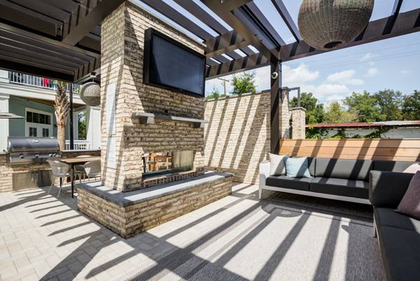 outdoor patio seating area at The Boulevard Luxury Apartments