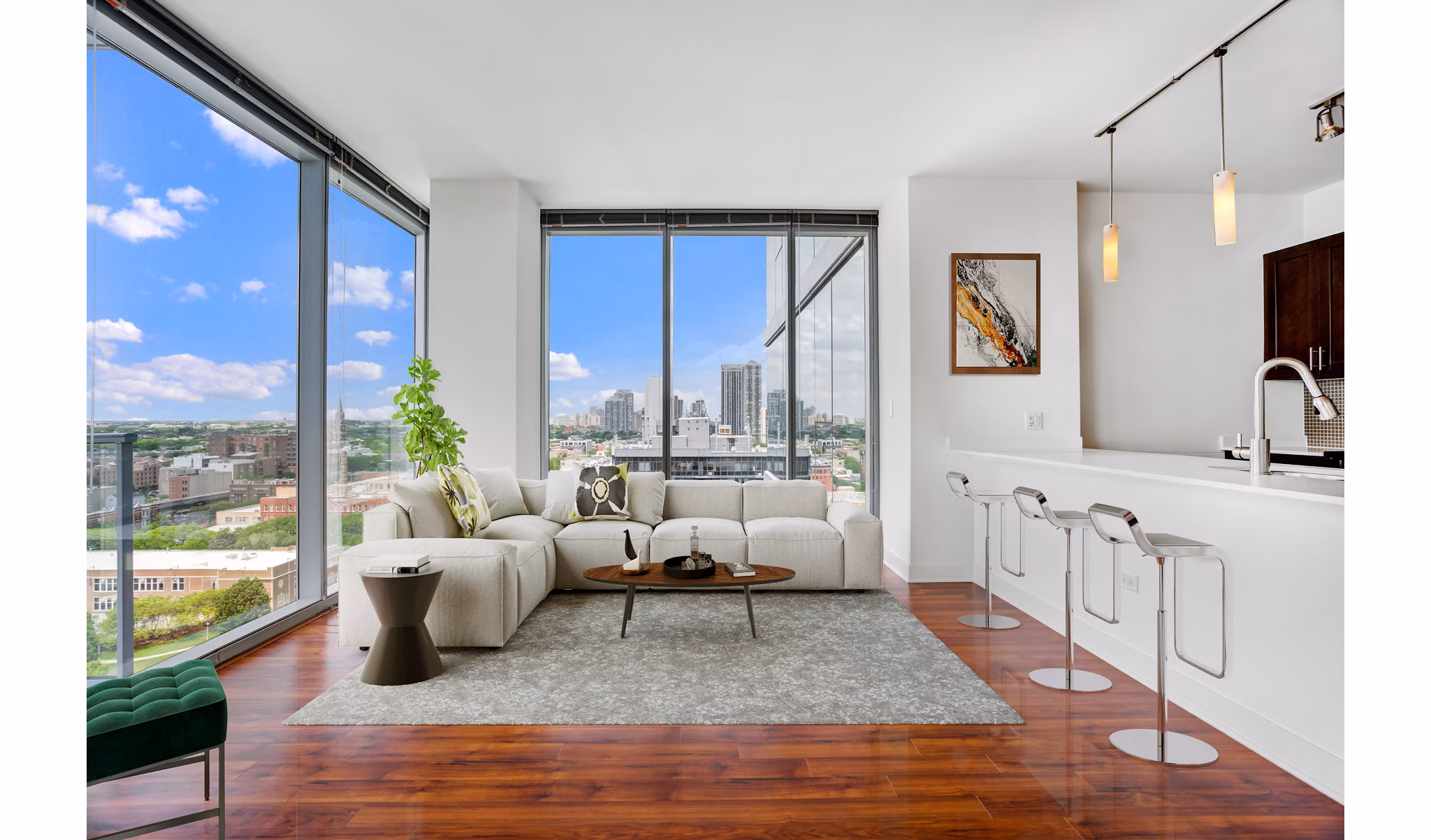 Contemporary living room featuring plush seating and natural light at 1225 Old Town Apartments