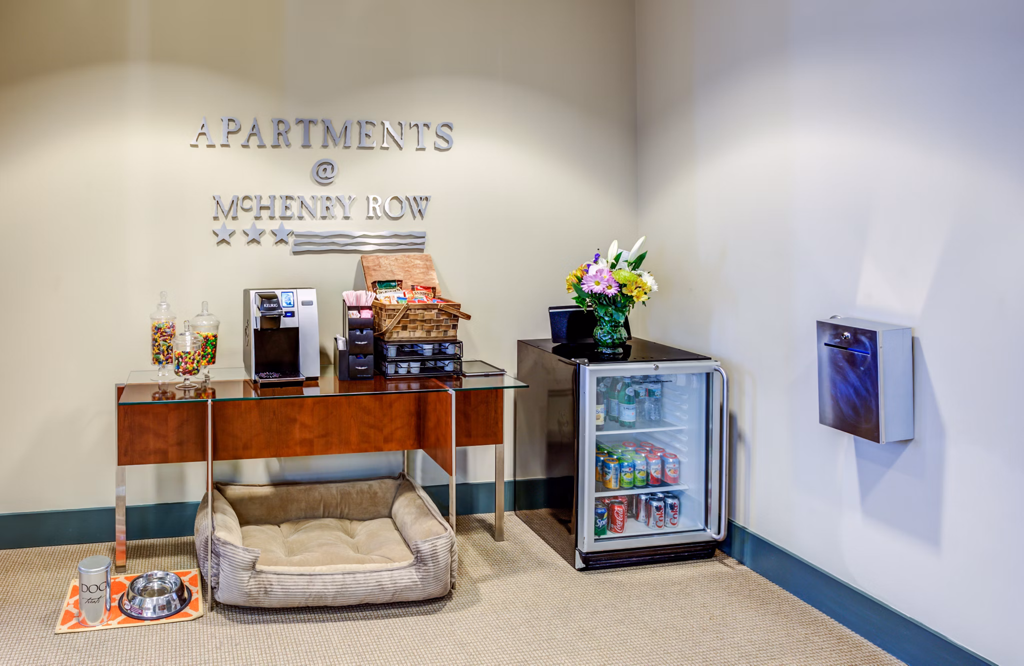 Modern clubhouse with sleek decor and community space at McHenry Row Apartments in Baltimore