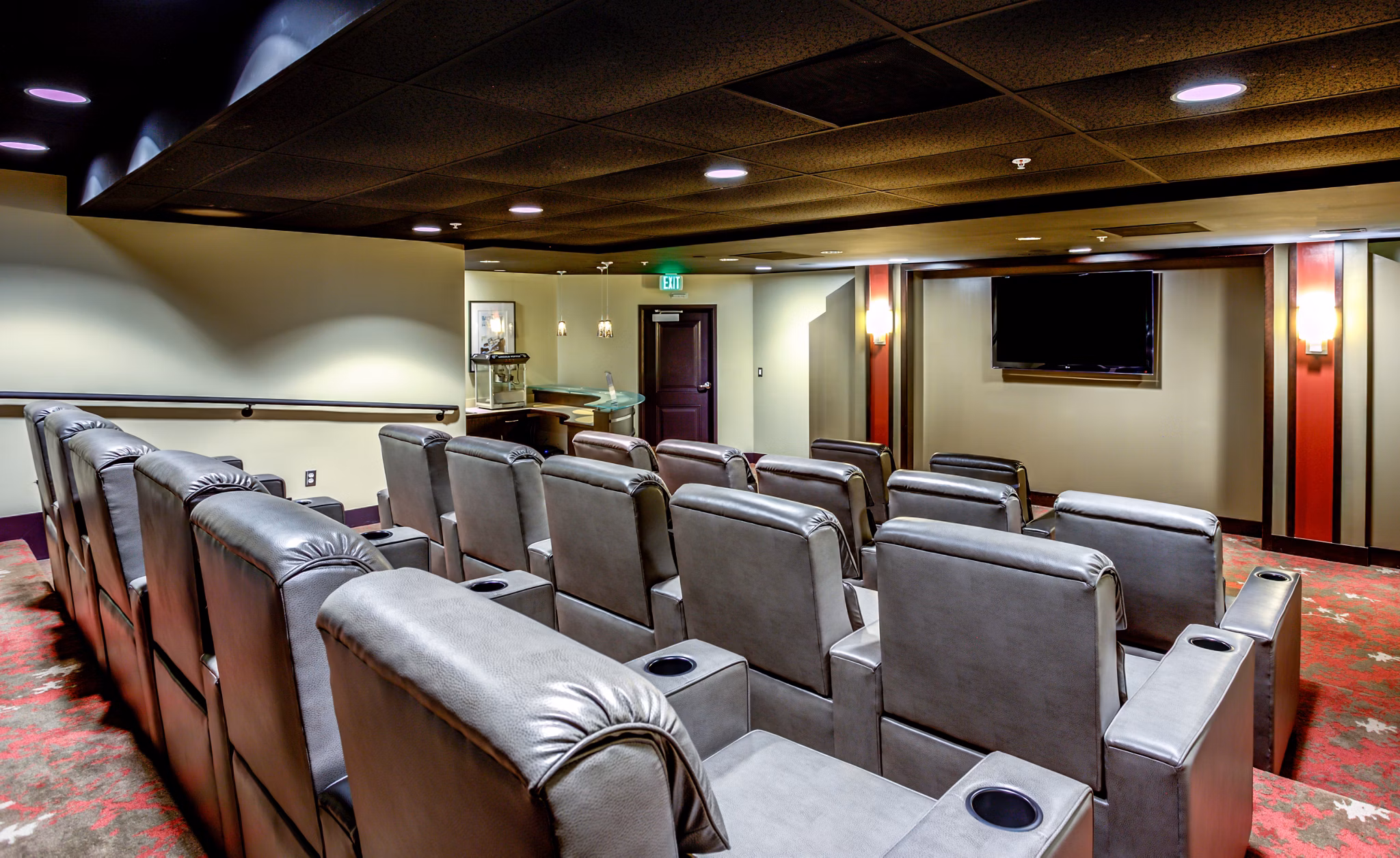 Theater featuring comfortable seating and advanced audio-visual technology at McHenry Row Apartments