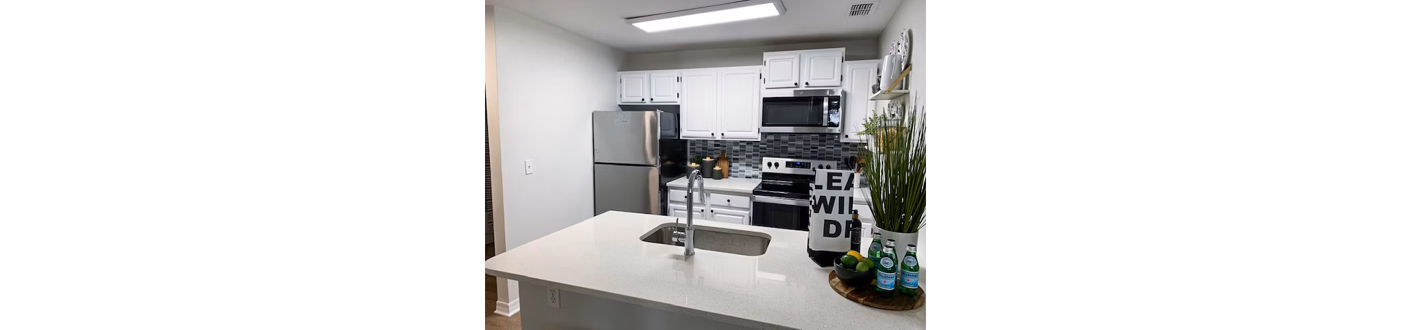 Modern kitchen with stainless steel appliances at Parks at Hunter's Creek Apartments, offering luxury living and contemporary design