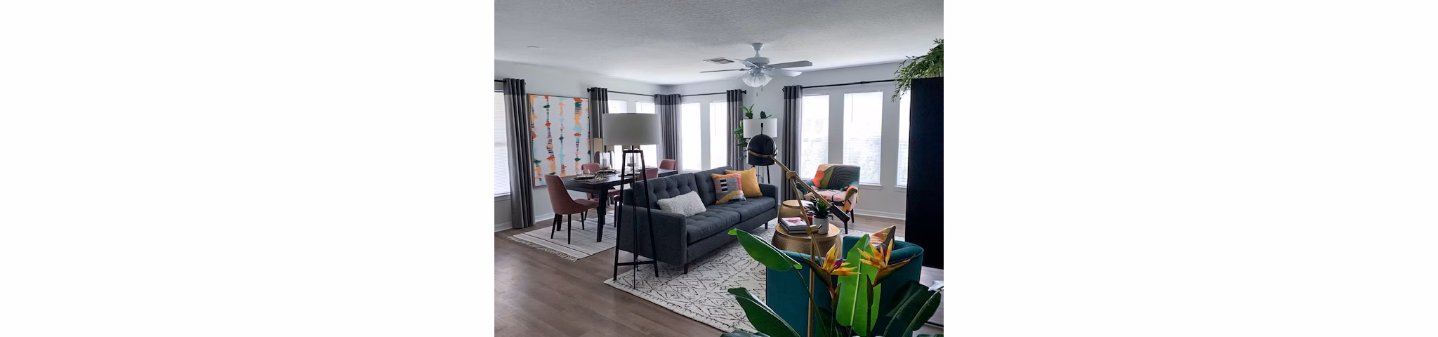 Spacious living room with modern decor at Parks at Hunter's Creek Apartments