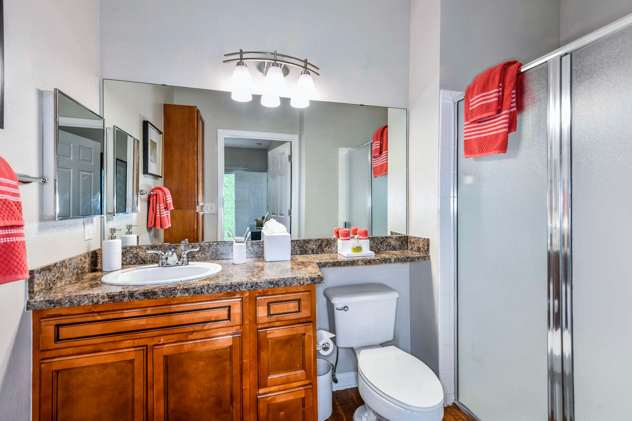 Modern bathroom with sleek fixtures and ample lighting at 54 Magnolia Apartments