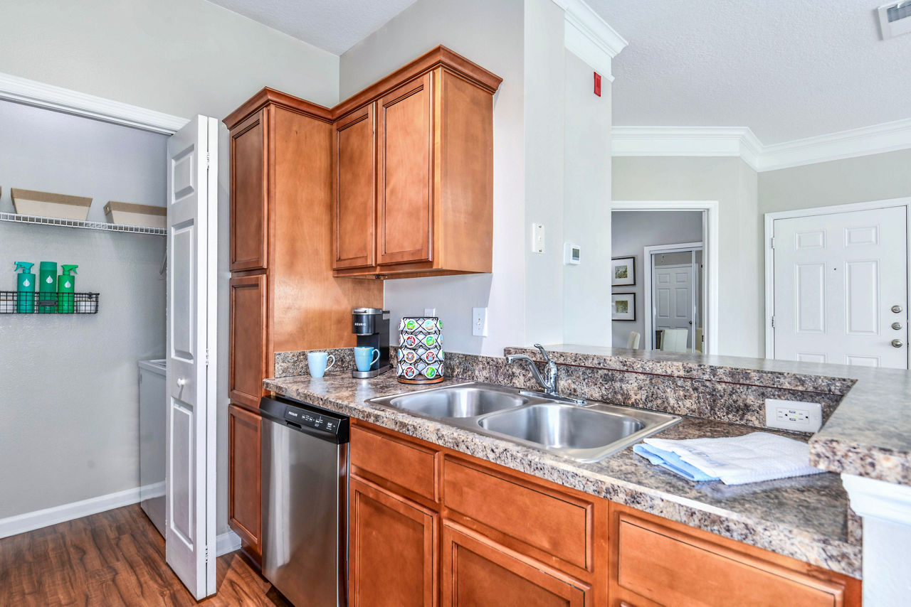 Modern kitchen with stainless steel appliances in 54 Magnolia Apartments, offering luxury living in a Greystar community
