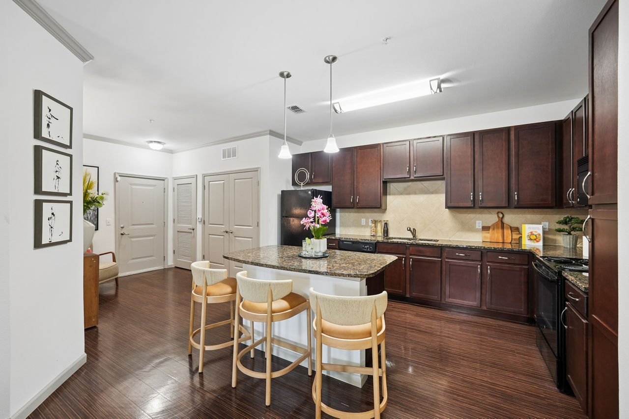 Modern kitchen with sleek countertops and stainless steel appliances at Sanctuary at Eagle Creek Apartments