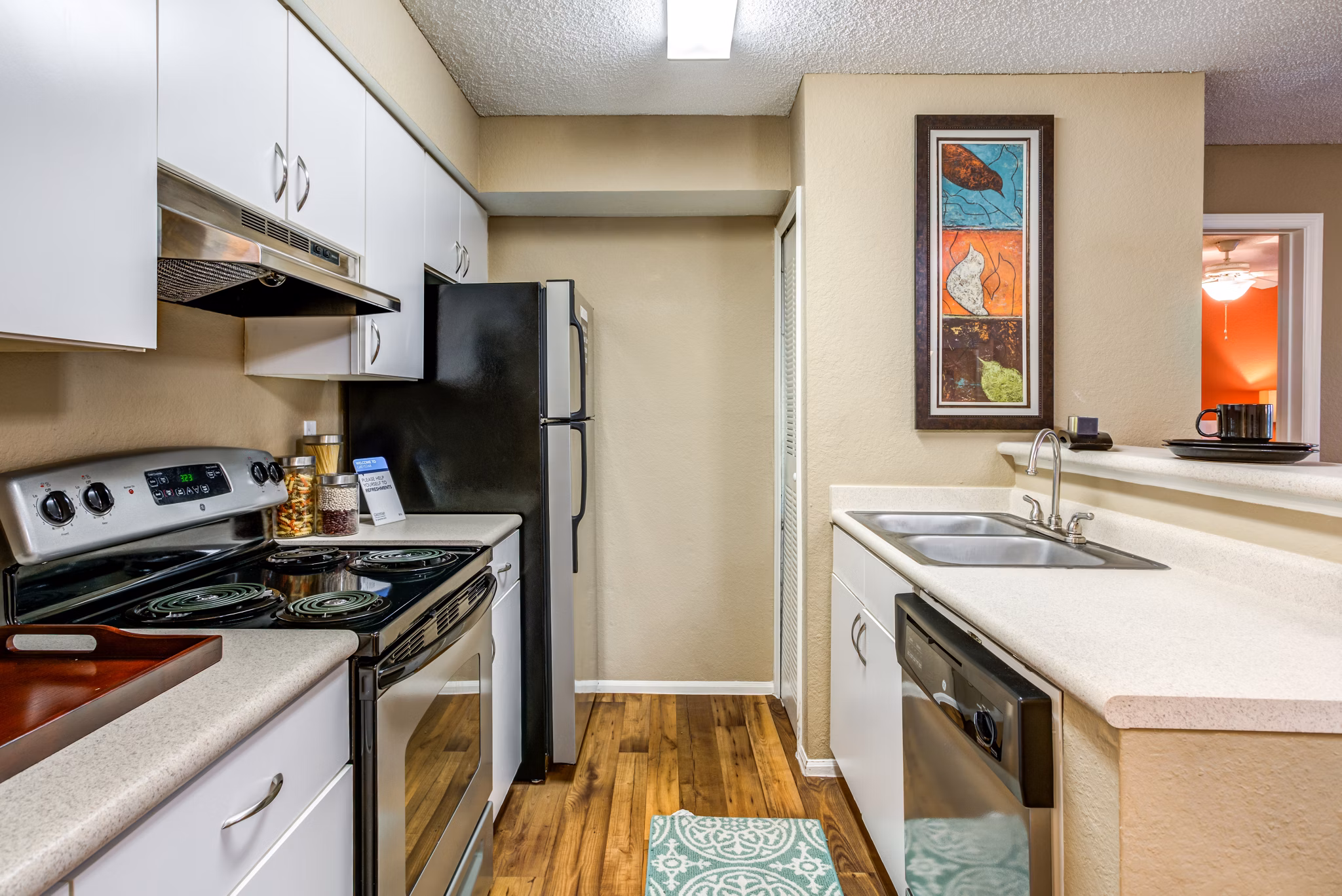 Modern kitchen with stainless steel appliances and granite countertops at Manor Row in Park Central Apartments
