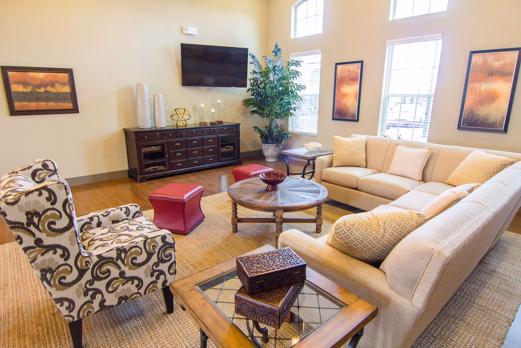 Clubhouse with modern design and comfortable seating at The Vineyards at Hammock Ridge Apartments