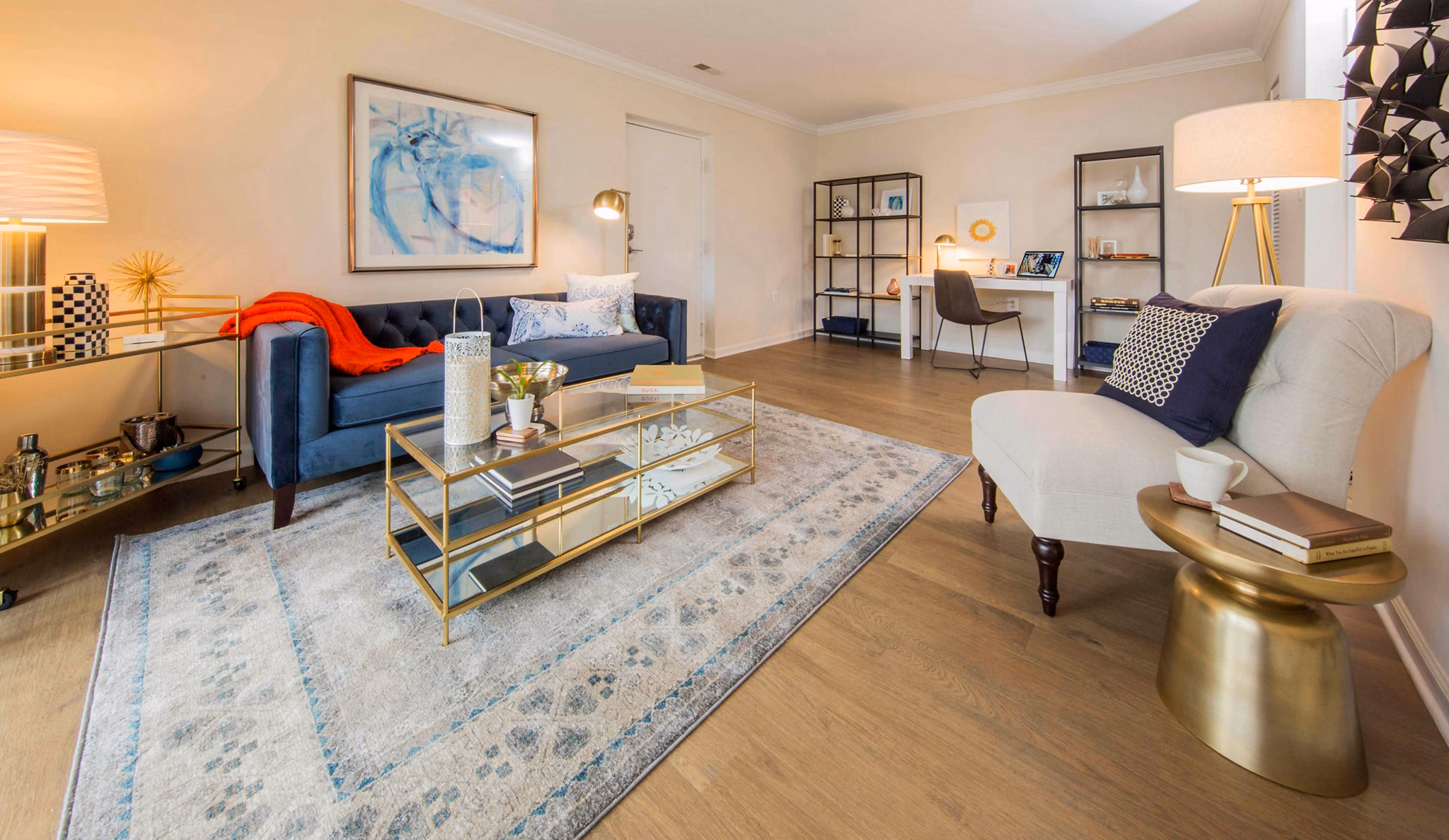 Spacious living room with modern decor at Bayshore Landing Apartments