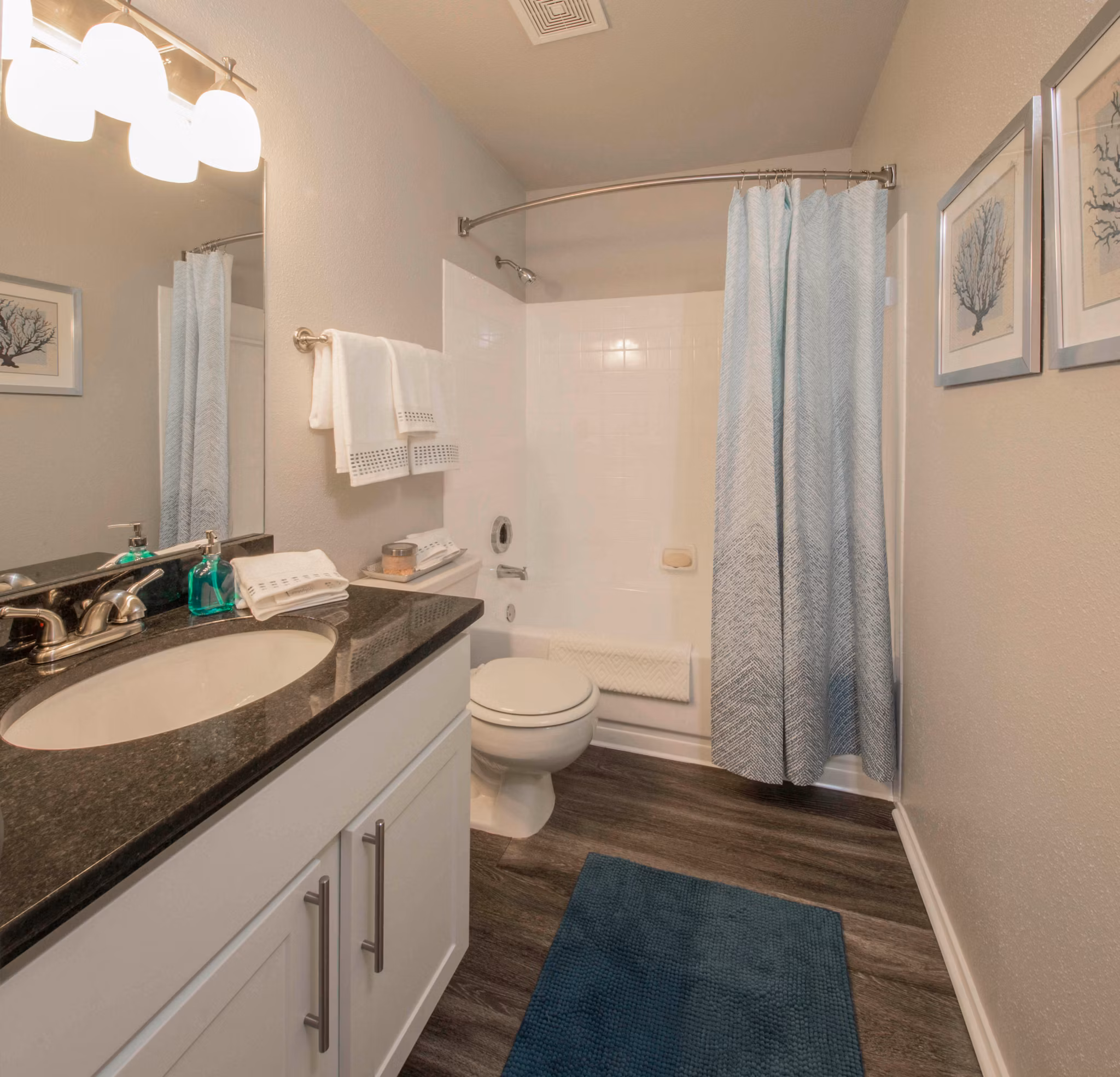 Modern bathroom with elegant fixtures at Southfield Apartments showcasing luxury living in Greystar properties