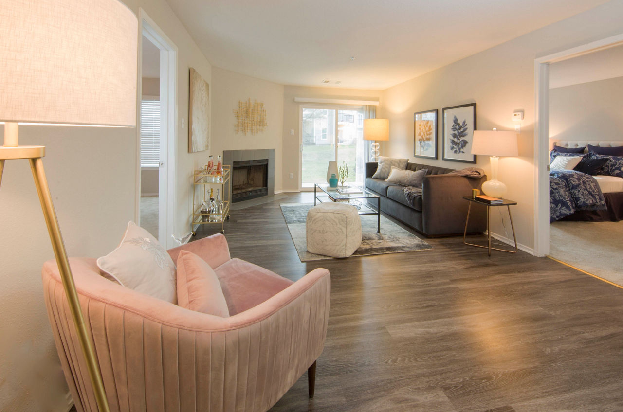 Spacious living room with modern decor in Southfield Apartments, ideal for luxury living