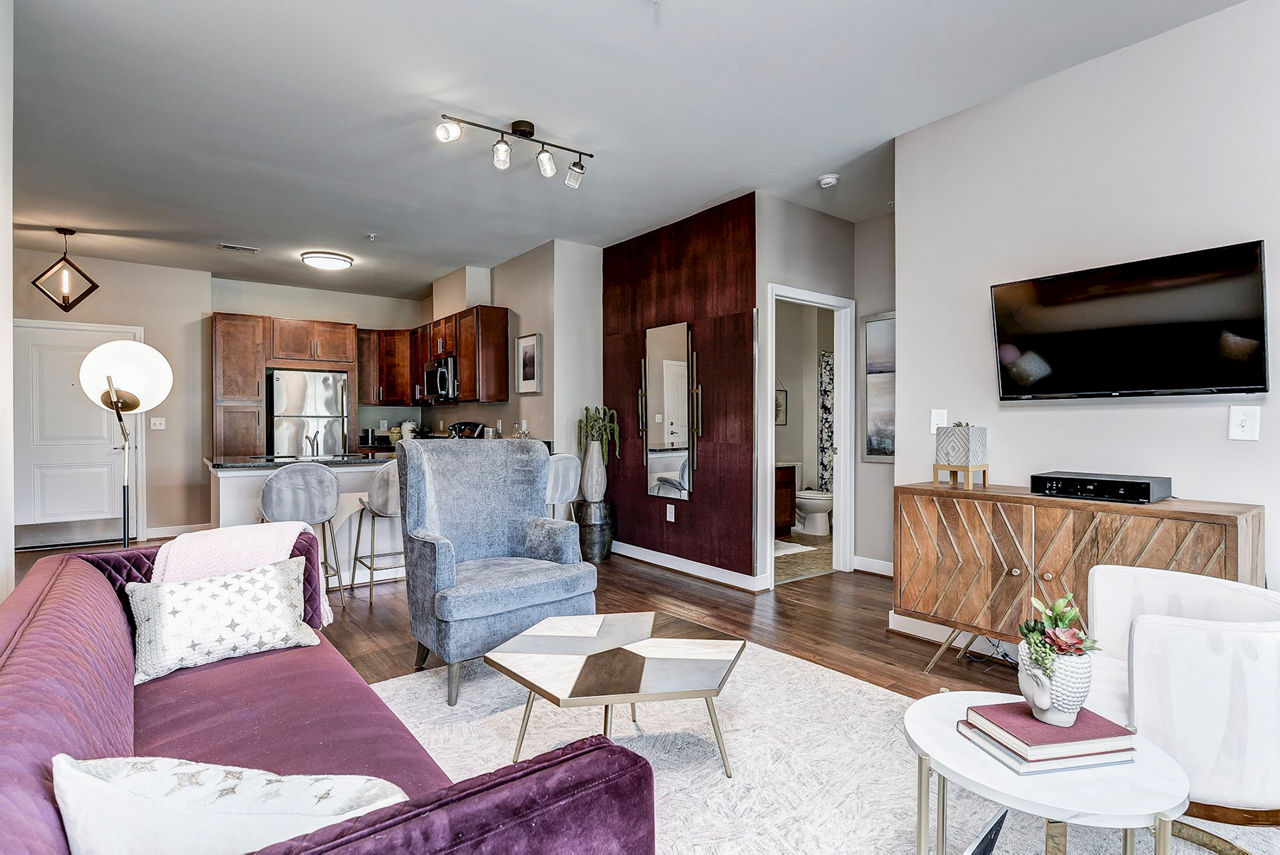 Spacious living room with modern decor and large windows in Paragon at Columbia Overlook Apartments