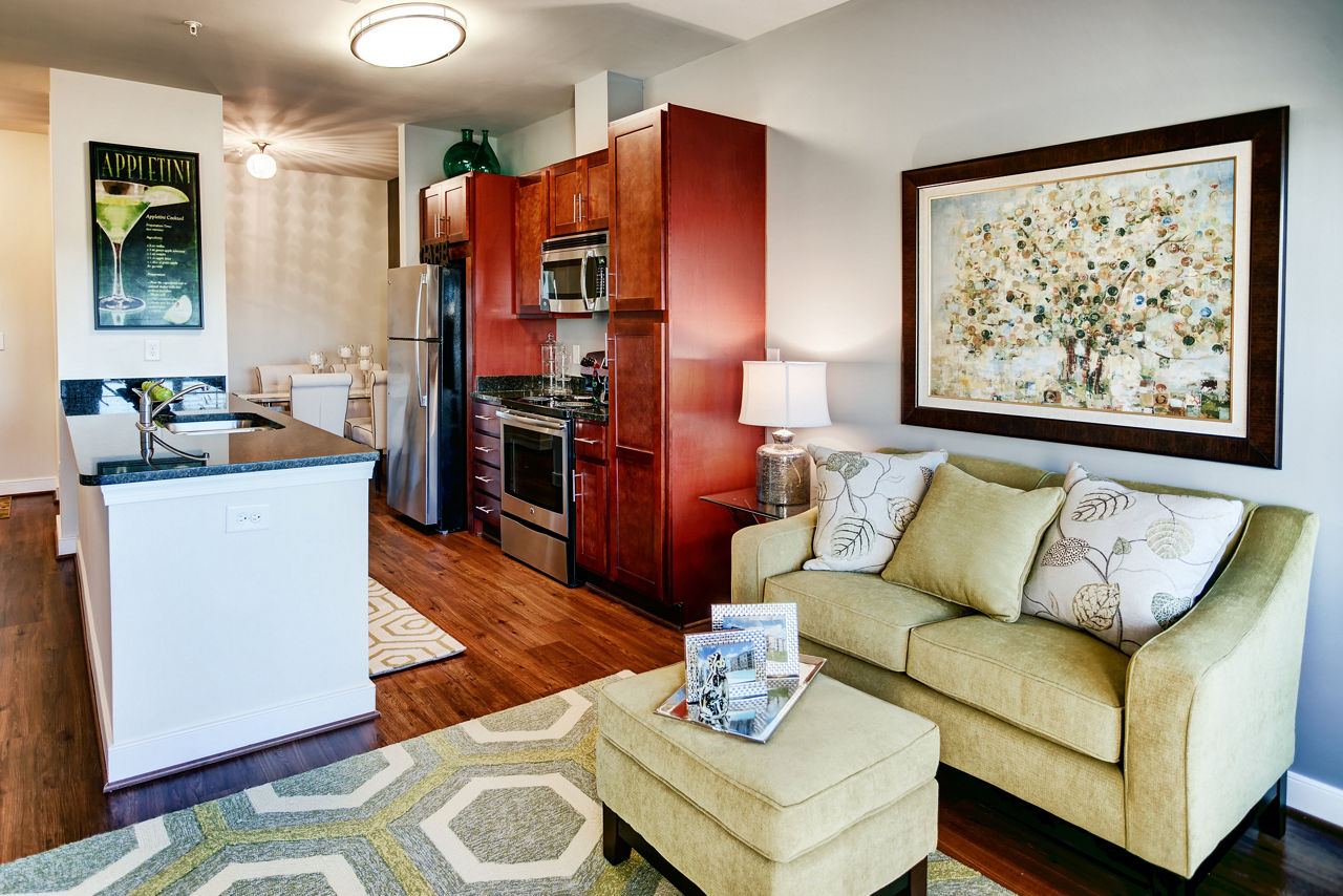 Spacious living room with modern decor at Paragon at Columbia Overlook Apartments