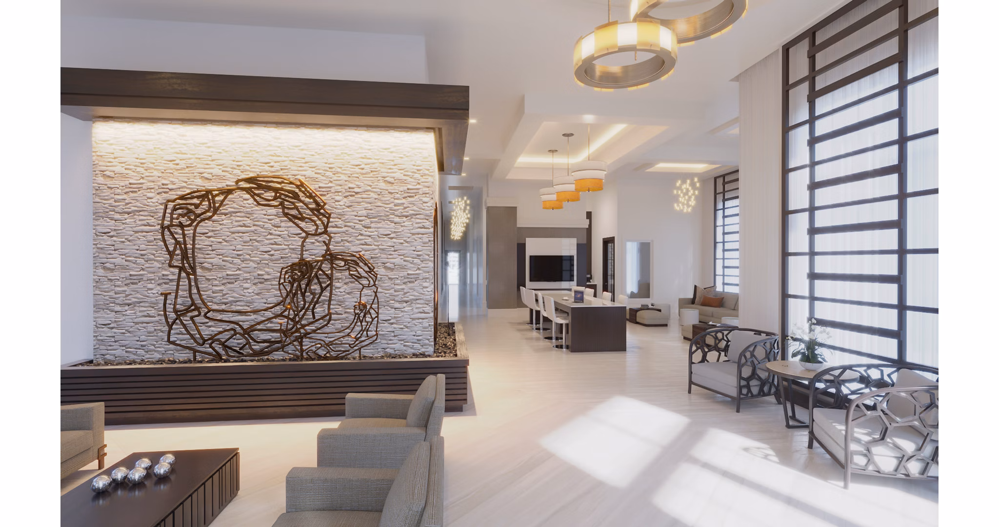 Clubhouse with elegant design and cozy seating at Sofia Coral Gables Apartments, luxury living in Miami