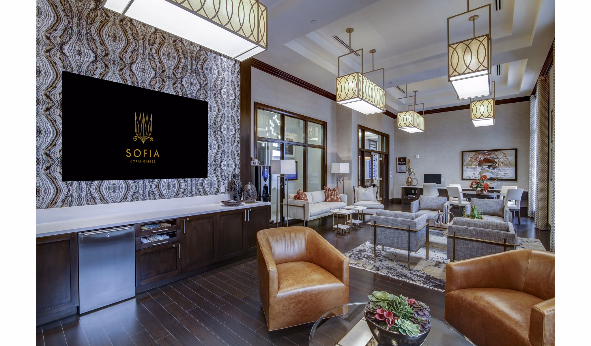 Clubhouse featuring modern design and luxury seating at Sofia Coral Gables Apartments