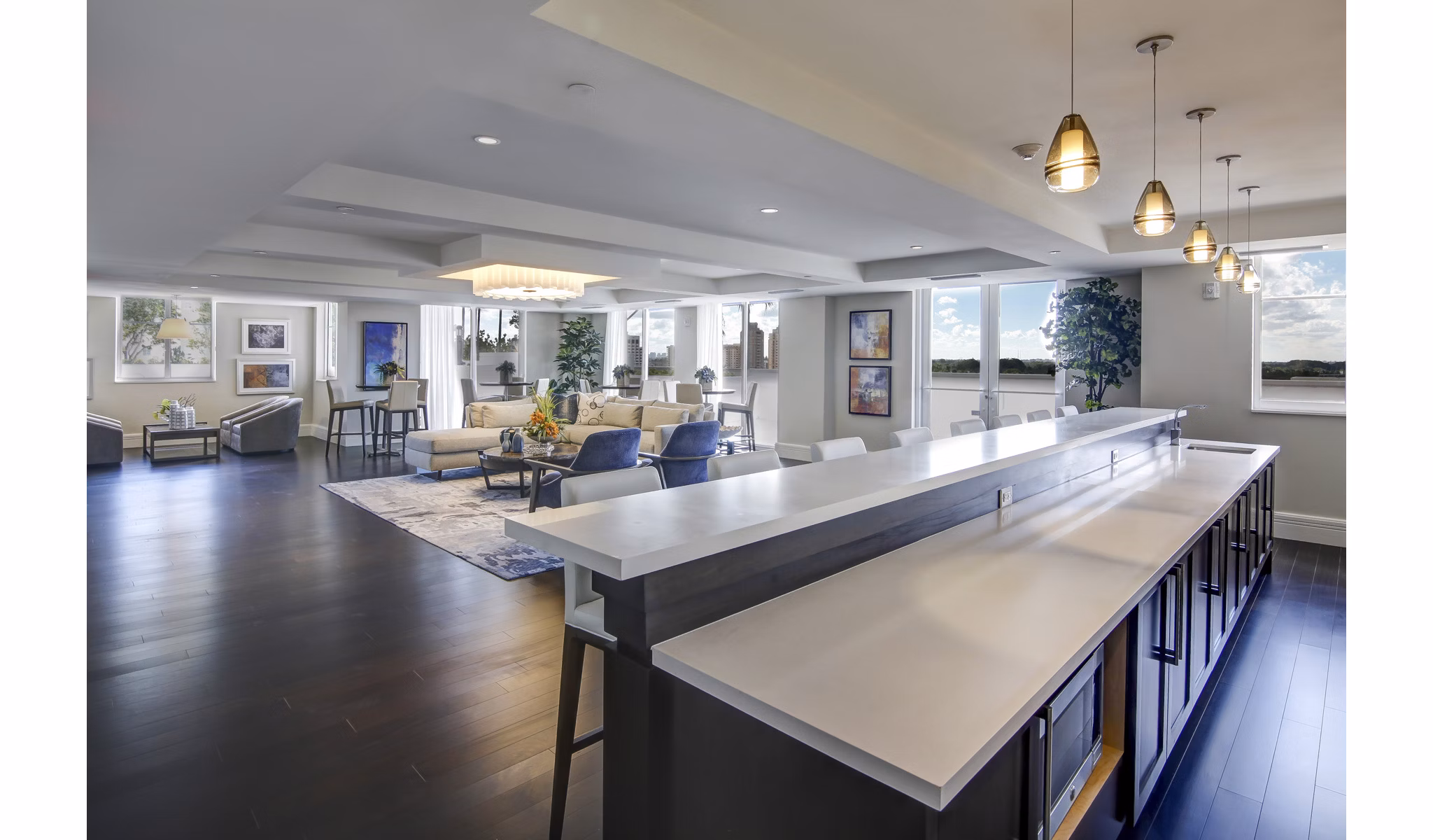 Modern clubhouse with elegant design at Sofia Coral Gables Apartments, ideal for social gatherings and community events