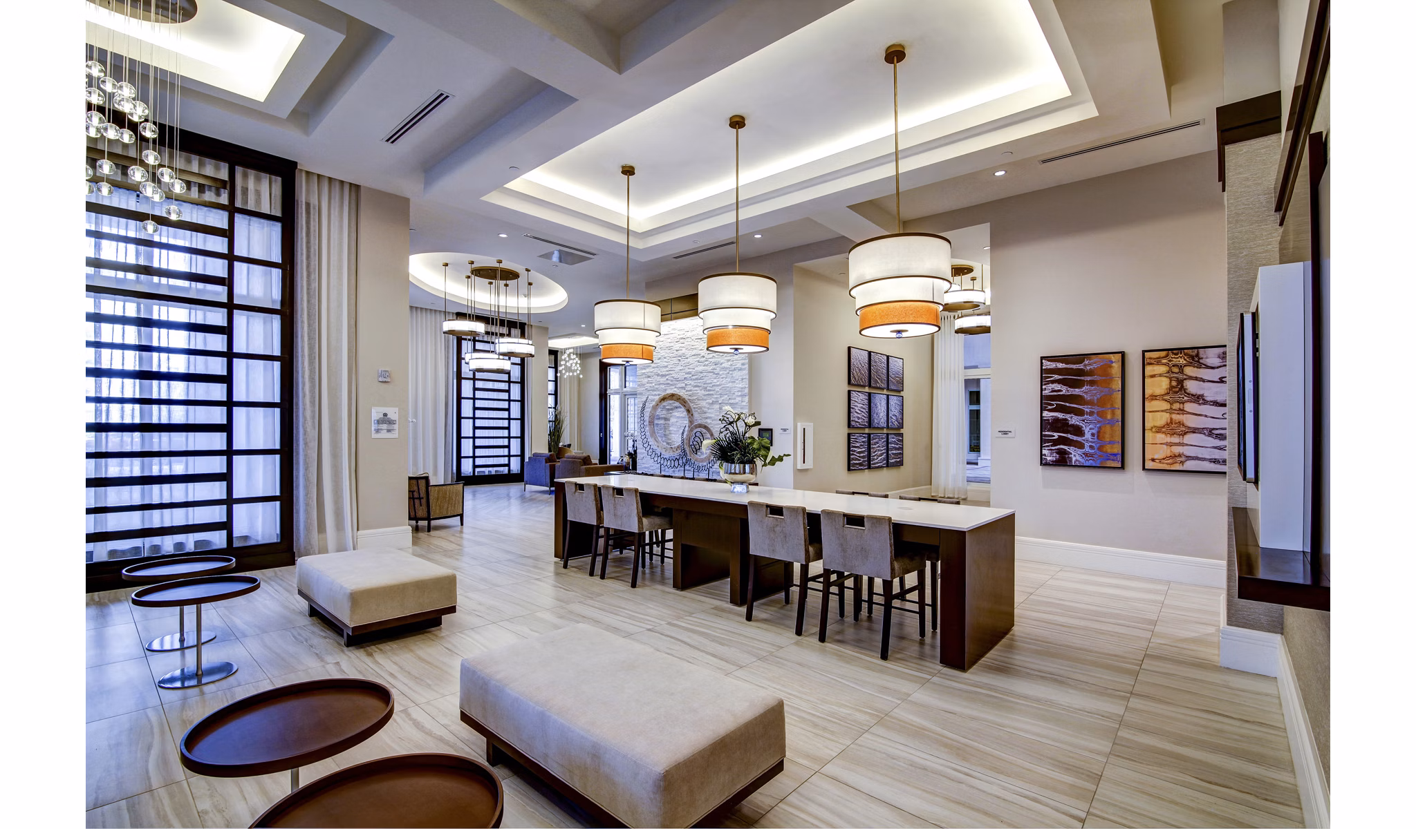 Clubhouse featuring modern design and seating at Sofia Coral Gables Apartments in Miami