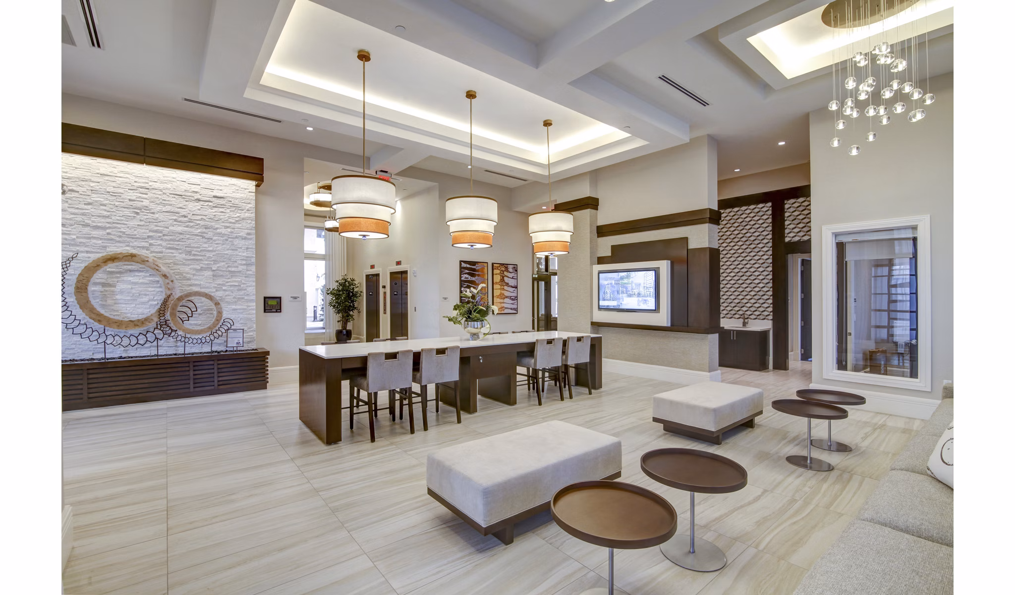 Modern clubhouse with sleek furnishings at Sofia Coral Gables Apartments featuring luxury amenities for residents