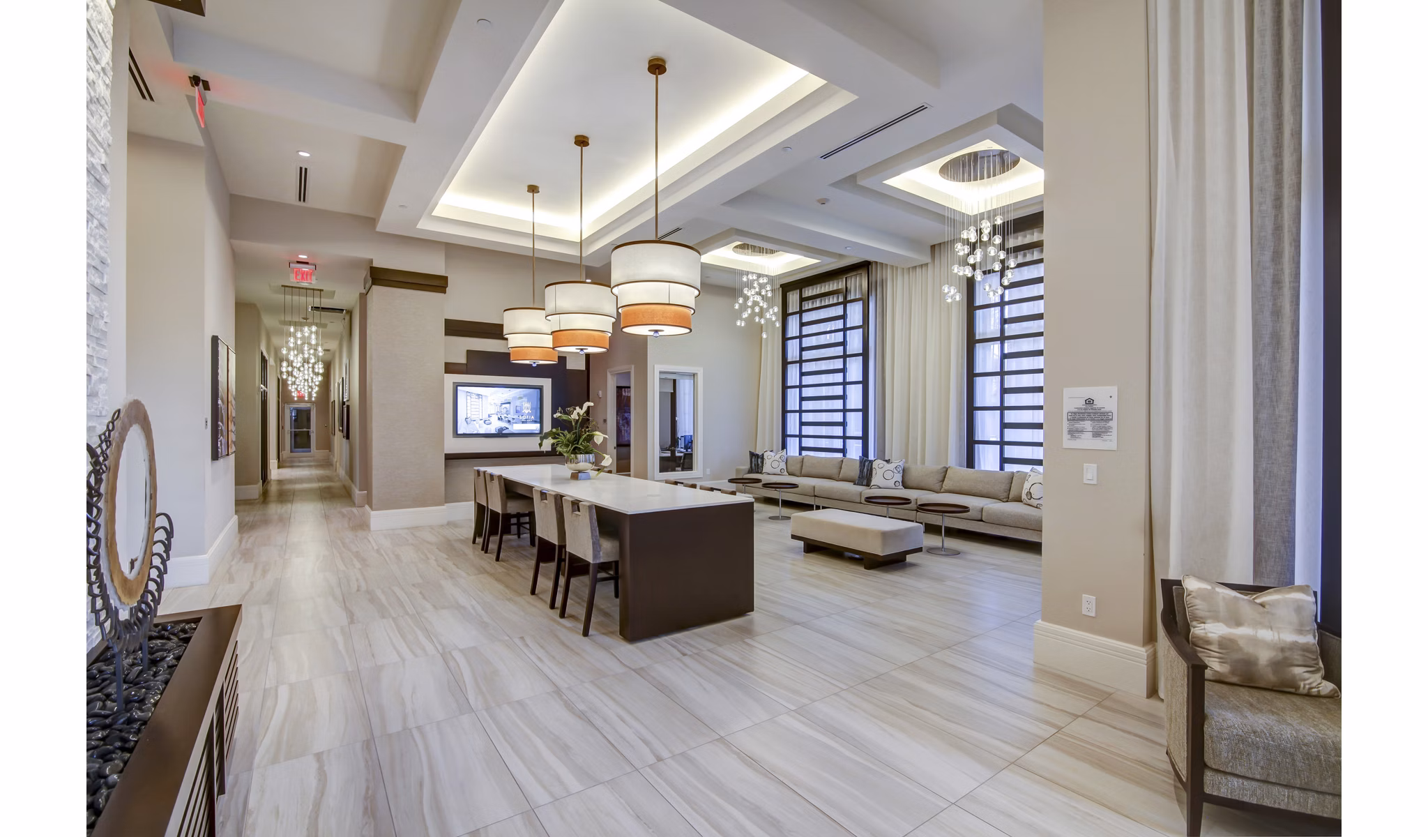 Sofia Coral Gables Apartments: Elegant clubhouse with modern furnishings and ample seating areas