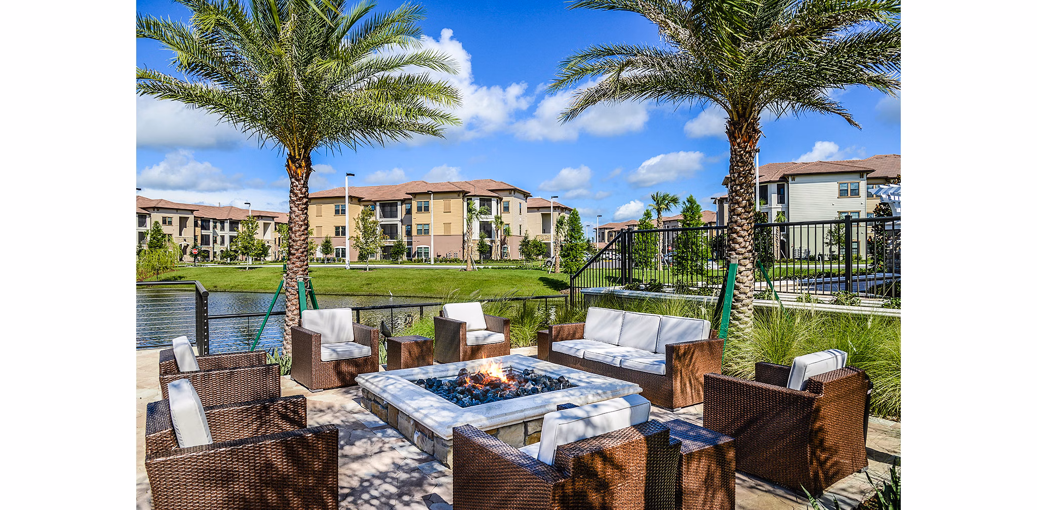 Cozy outdoor fire pit area at Sanctuary at West Port luxury apartments