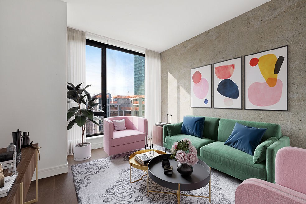 Spacious living room with modern decor at Watermark LIC luxury apartments