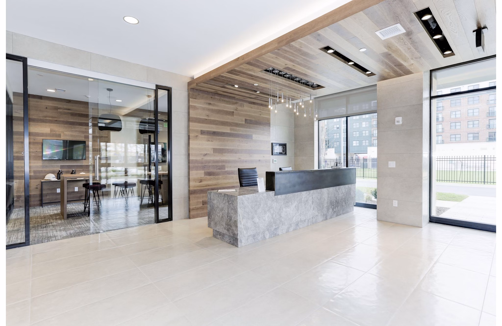 Elegant clubhouse with modern seating at Porter Street Apartments for luxury gatherings and social events