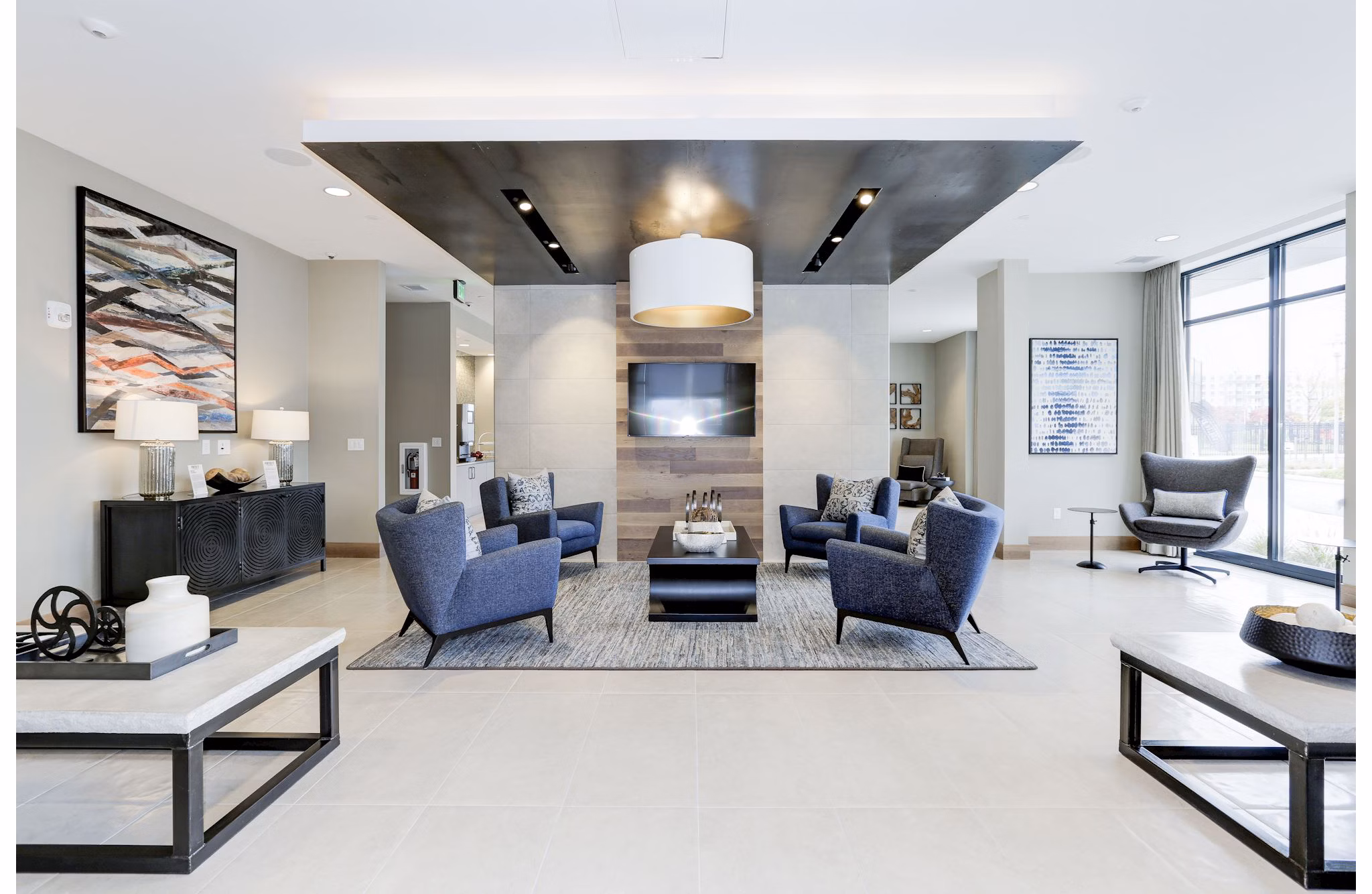 Modern clubhouse with sleek furnishings at Porter Street Apartments, ideal for social gatherings and entertainment