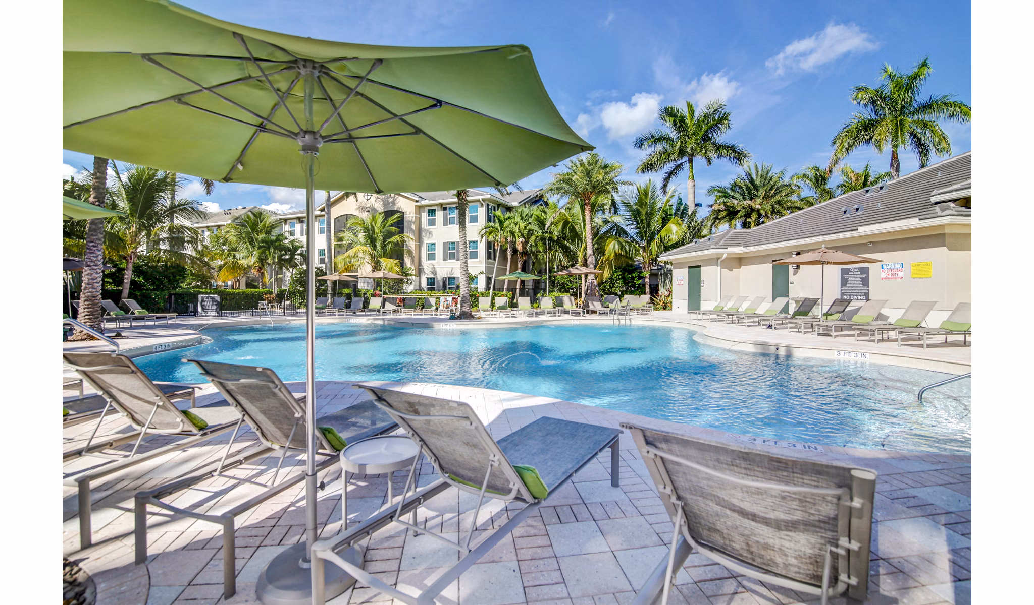 Resort-style pool with palm trees at The Quaye Palm Beach Gardens Apartments, offering luxury living and leisure amenities