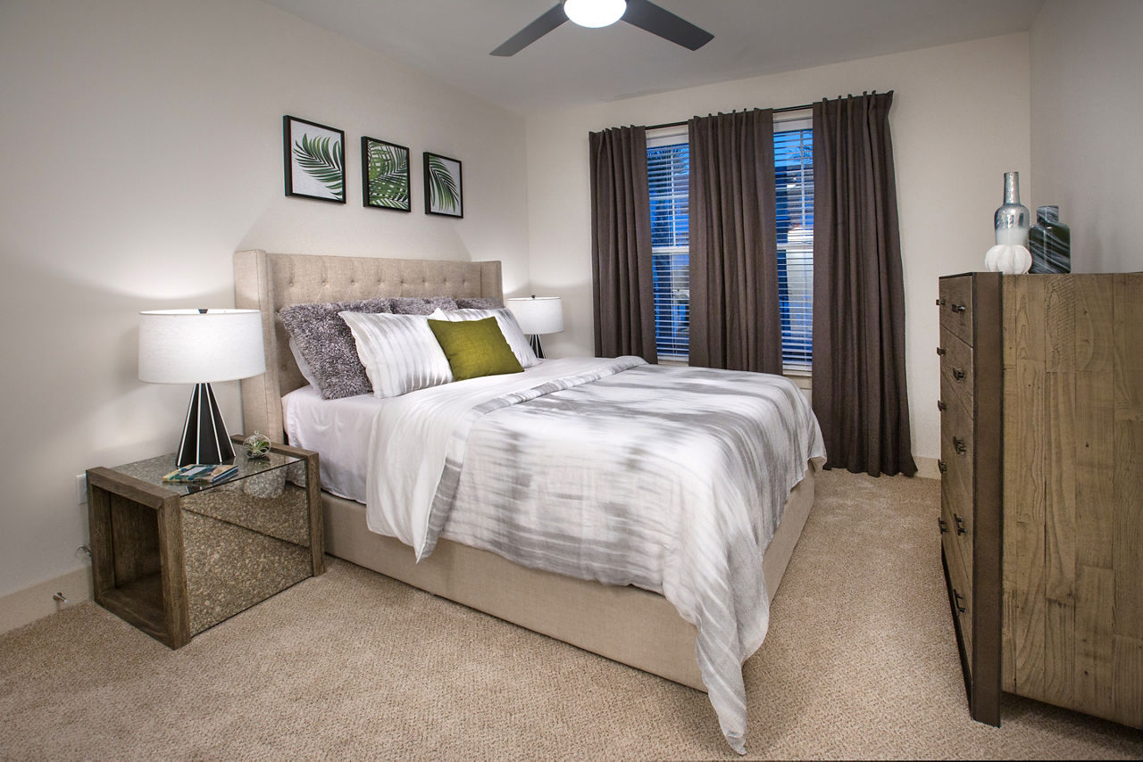 Modern bedroom with ocean views at Sea Glass Apartments