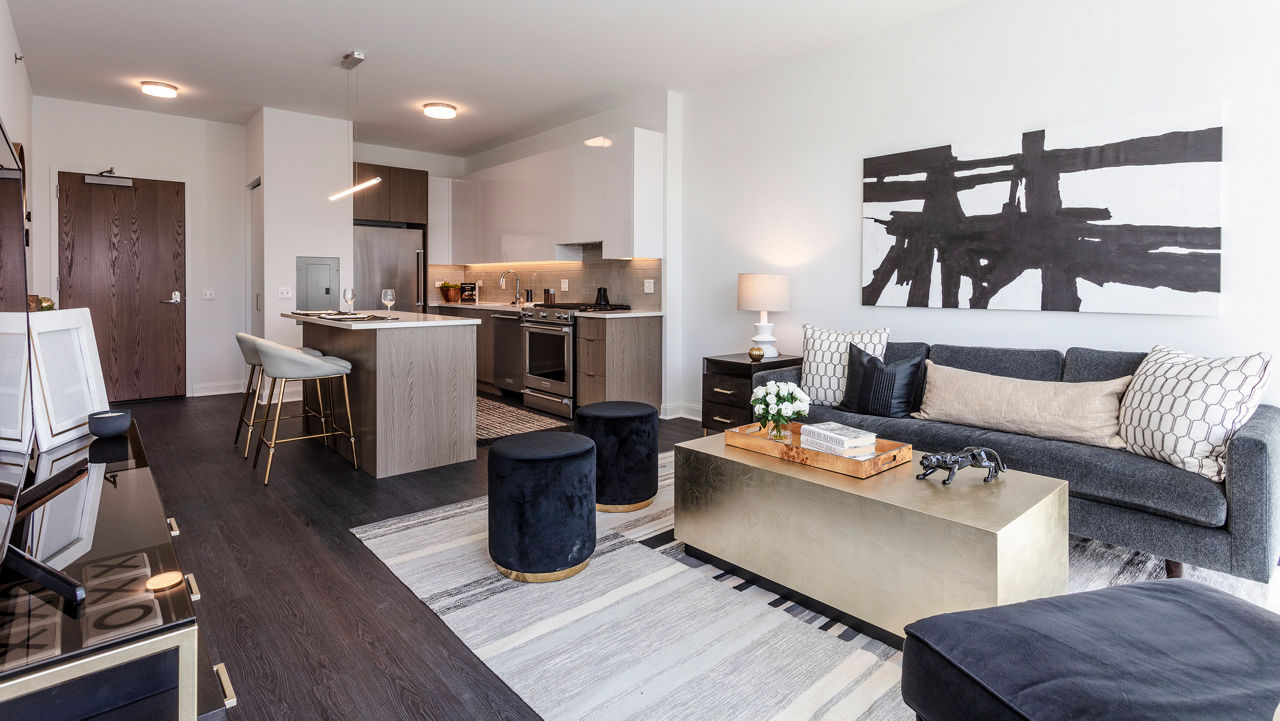 Modern living room with stylish decor at Elevate Apartments, featuring luxury finishes and open layout, ideal for comfortable urban living