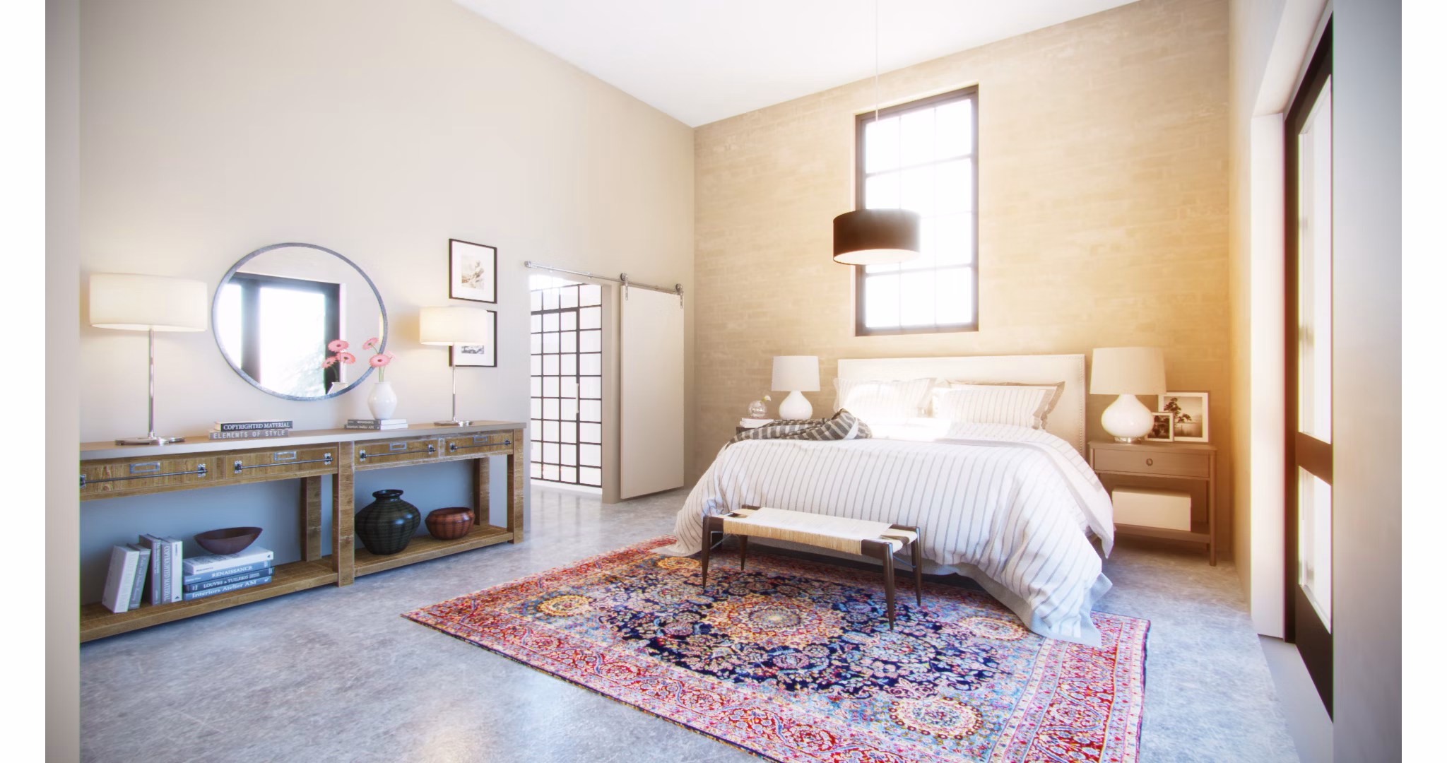 Cozy bedroom with stylish decor at Hercules Apartments, a Greystar luxury property