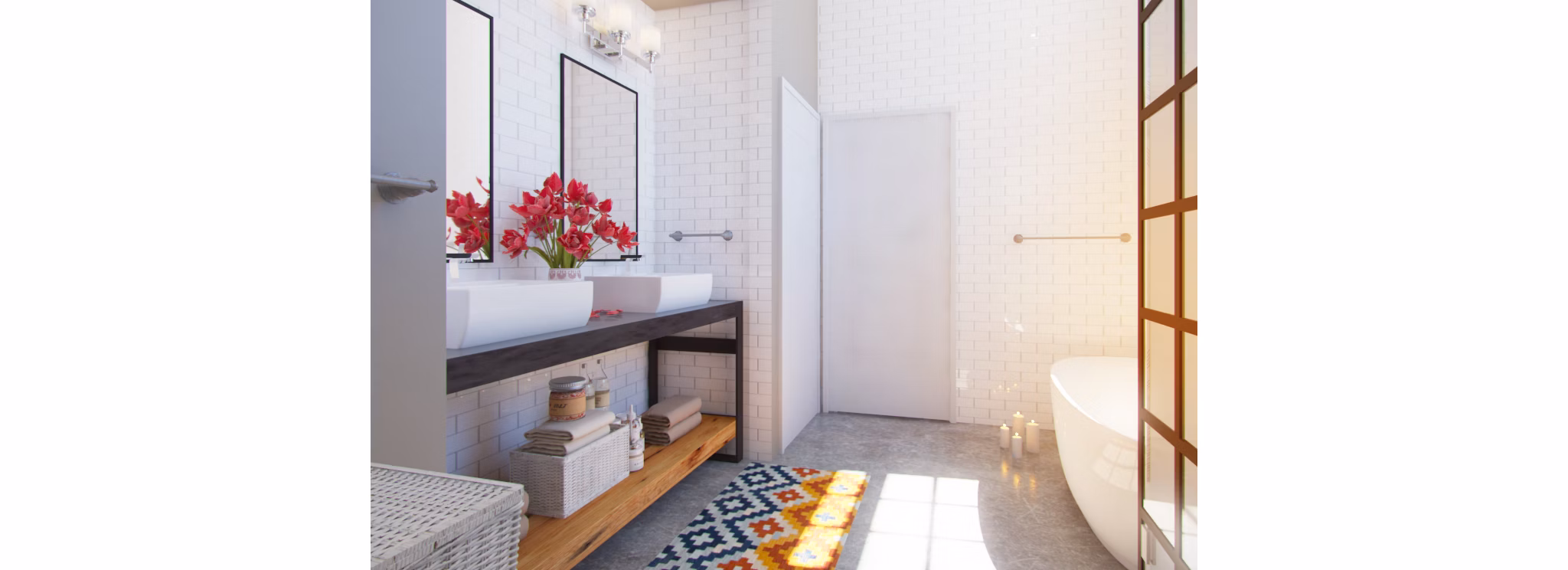 Elegant bathroom with modern fixtures and marble countertops in Hercules Apartments