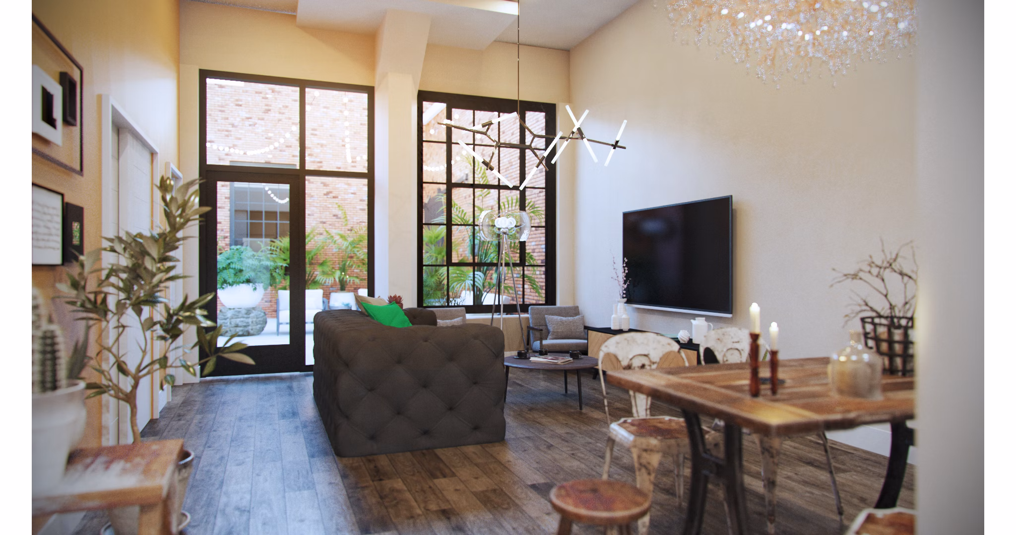 Dining room with elegant chandelier and modern furnishings in Hercules Apartments