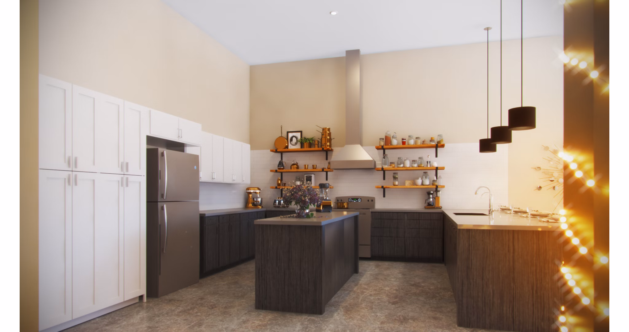 Modern kitchen with stainless steel appliances at Hercules Apartments, luxury living with spacious countertops and sleek design