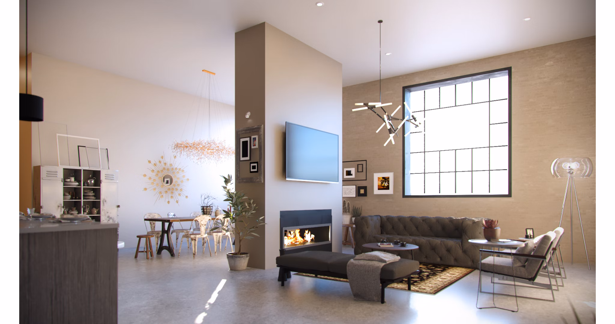 Modern living room with chic furnishings at Hercules Apartments, featuring a cozy seating area and large windows for natural light
