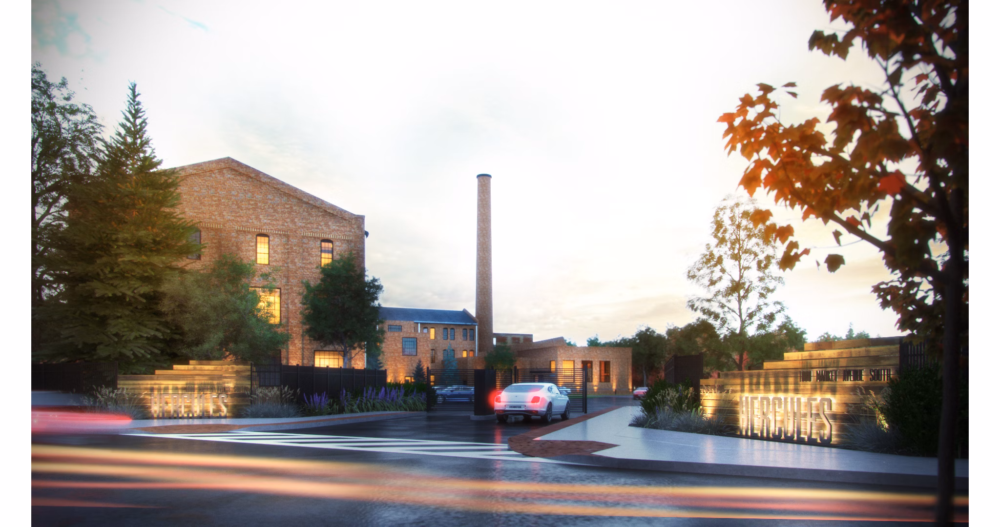 Hercules Apartments: Scenic modern neighborhood view with green spaces and pathways, ideal for urban living