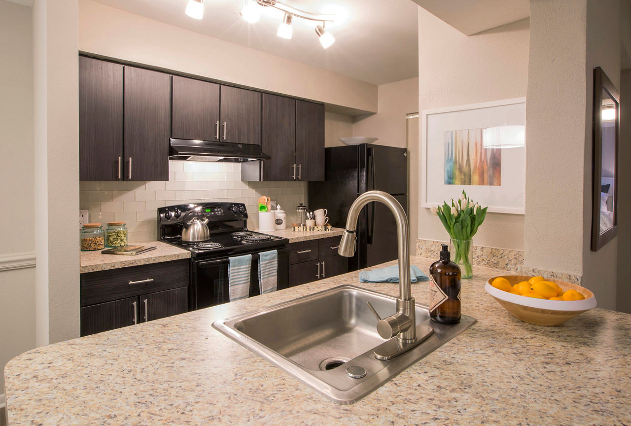 Modern kitchen with stainless steel appliances in Lakeside Mill Apartments