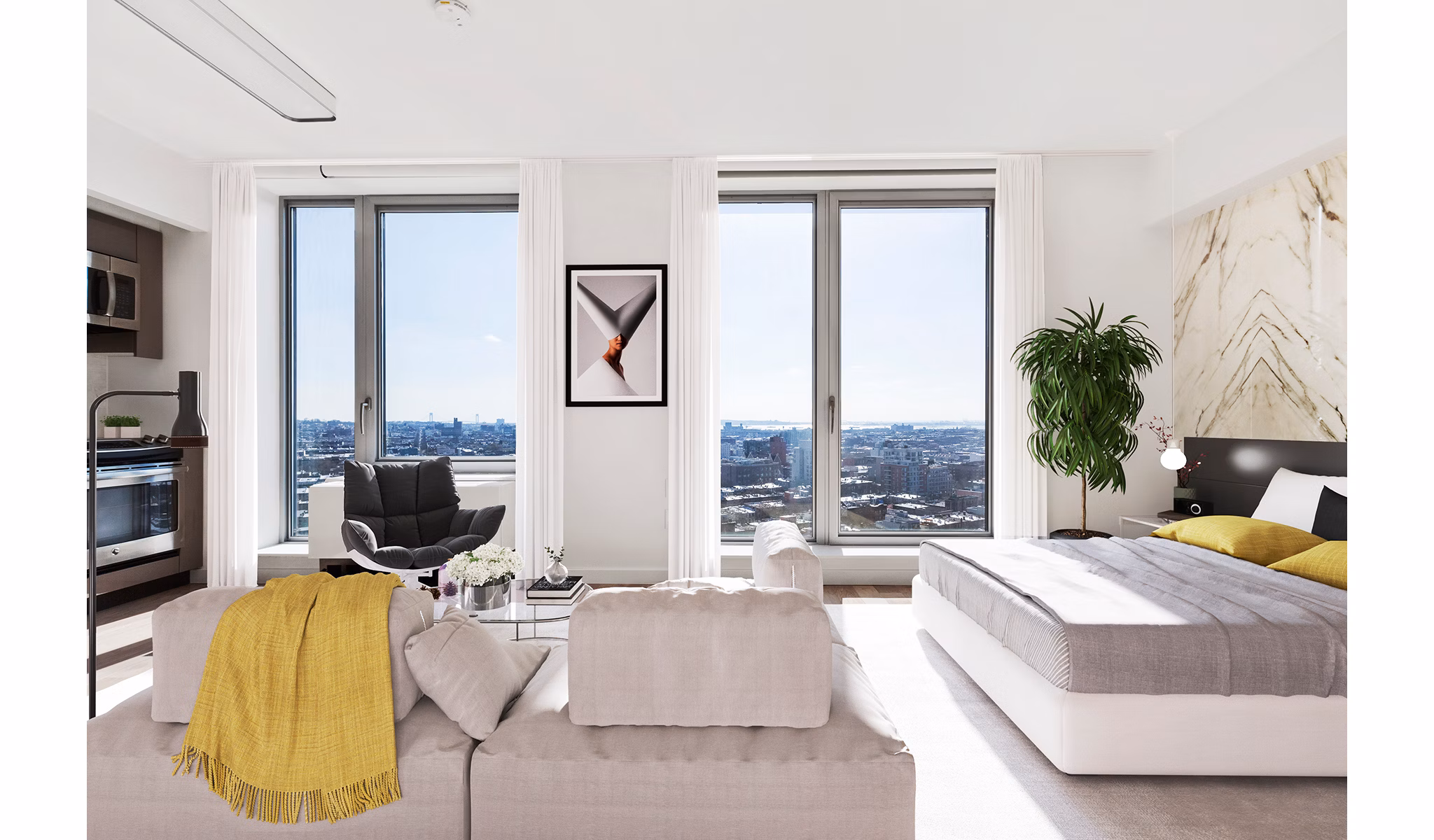 Cozy bedroom with modern furnishings at 461 Dean Apartments, offering luxury living in the heart of New York City