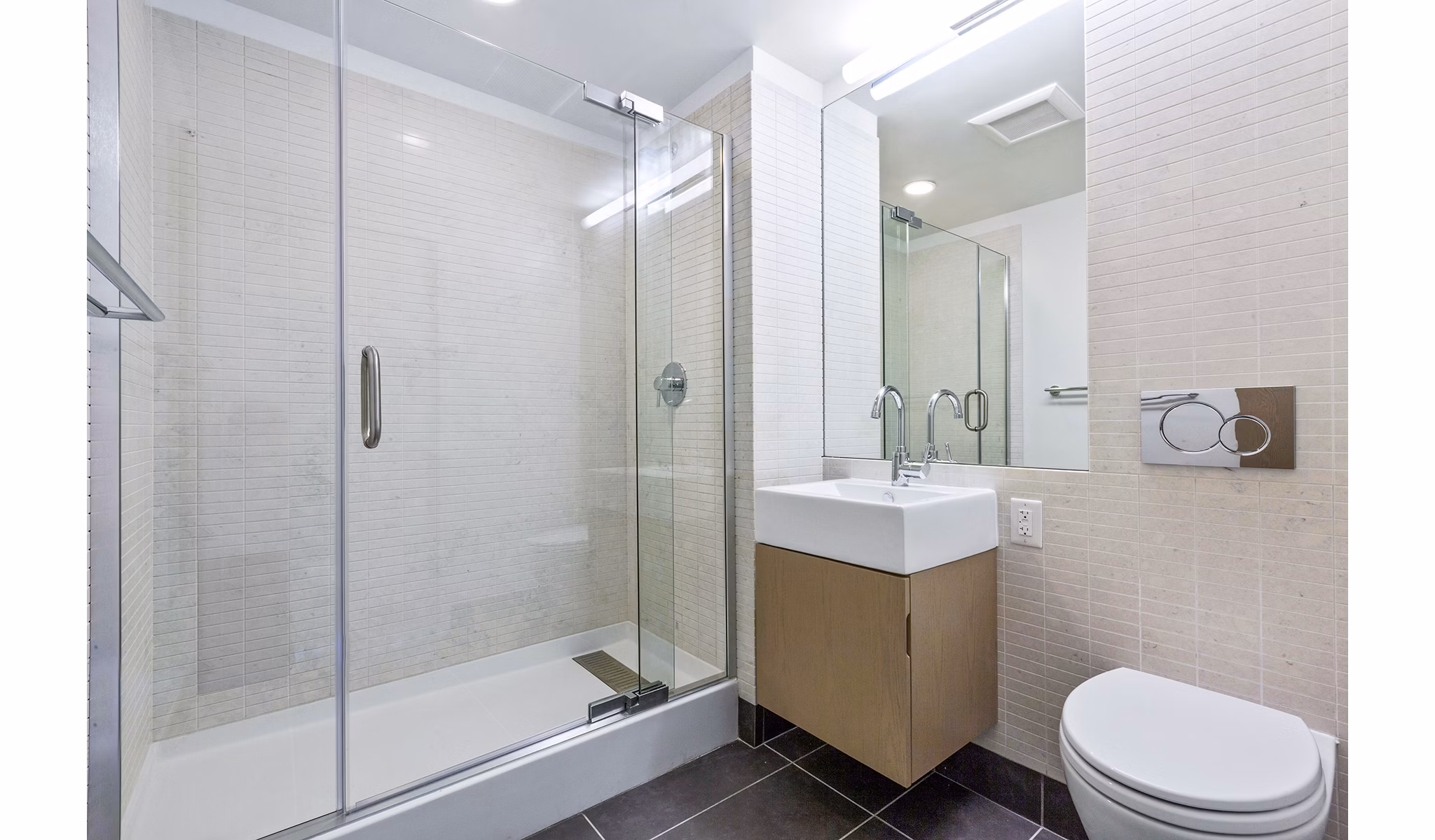 Luxurious bathroom with modern fixtures in 461 Dean Apartments, Brooklyn's premier luxury apartments Ideal space for relaxation and comfort