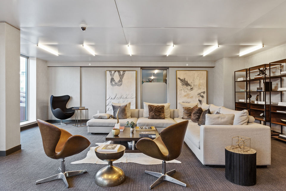 Clubhouse with modern design and community seating at 461 Dean Apartments, a luxury Greystar property in Brooklyn