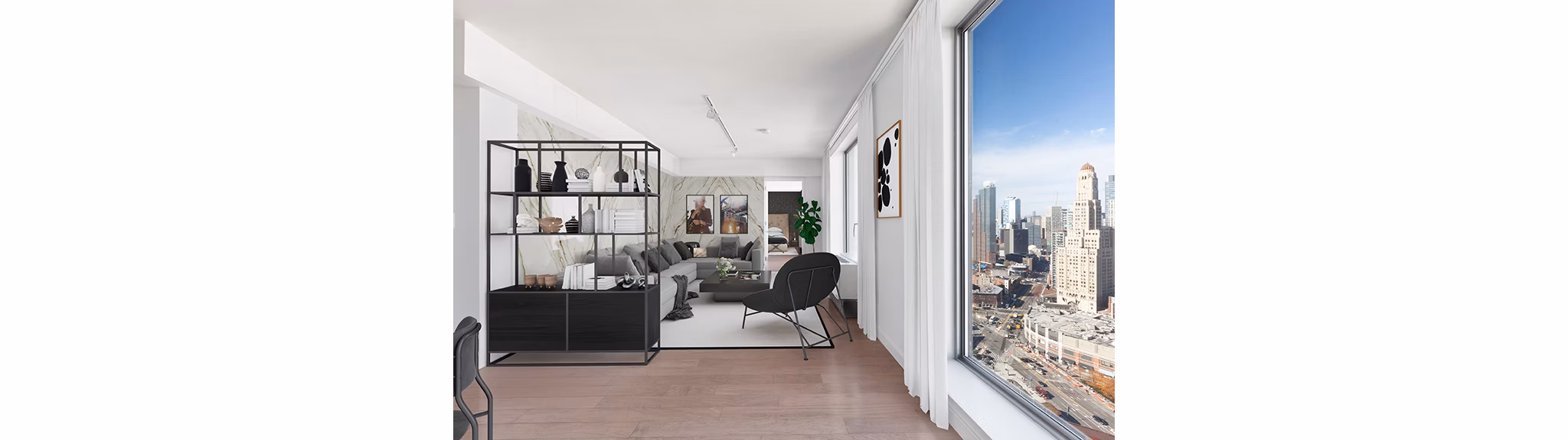 Spacious living room with contemporary dÃ©cor in 461 Dean Apartments, part of Greystar's luxury apartment collection