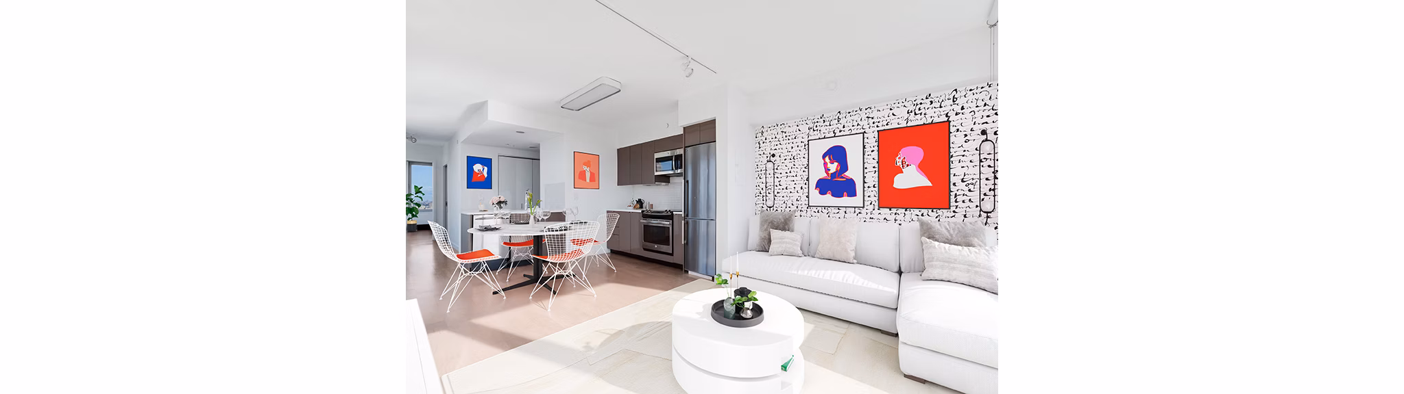 Contemporary living room with skyline views at 461 Dean Apartments