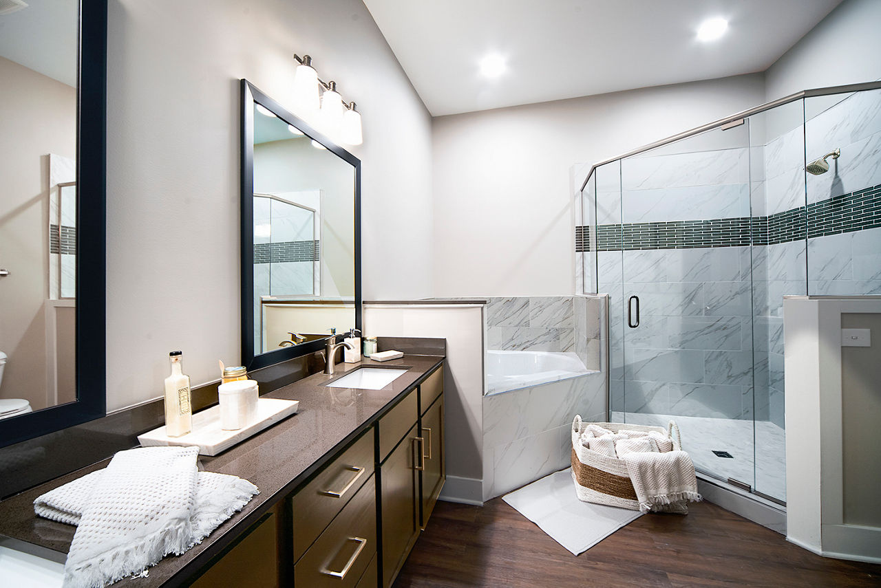 Luxury bathroom with marble accents at WaterWalk at Shelter Cove Towne Centre