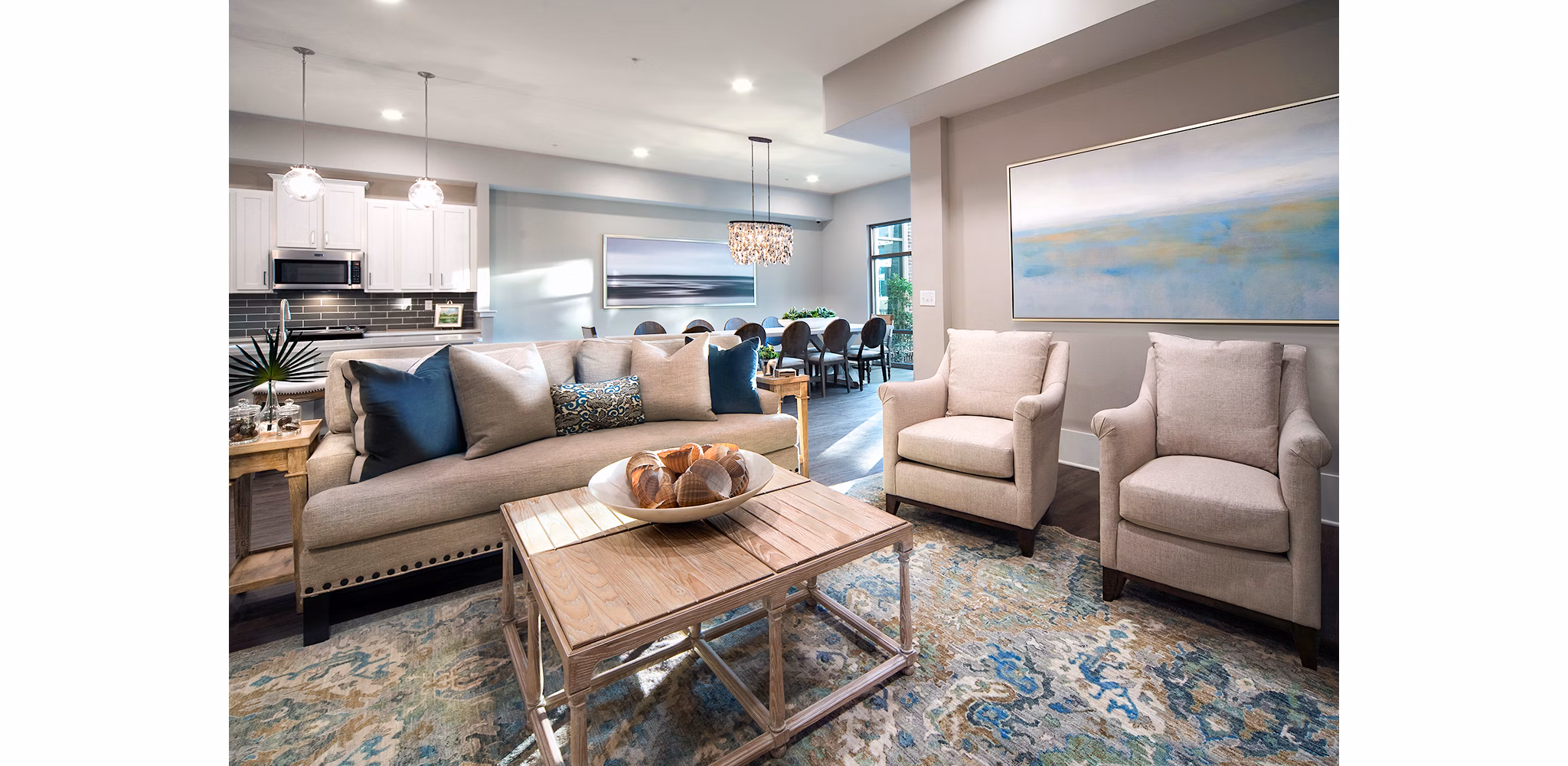 Clubhouse featuring modern design and expansive seating at WaterWalk at Shelter Cove Towne Centre apartments in Hilton Head Island