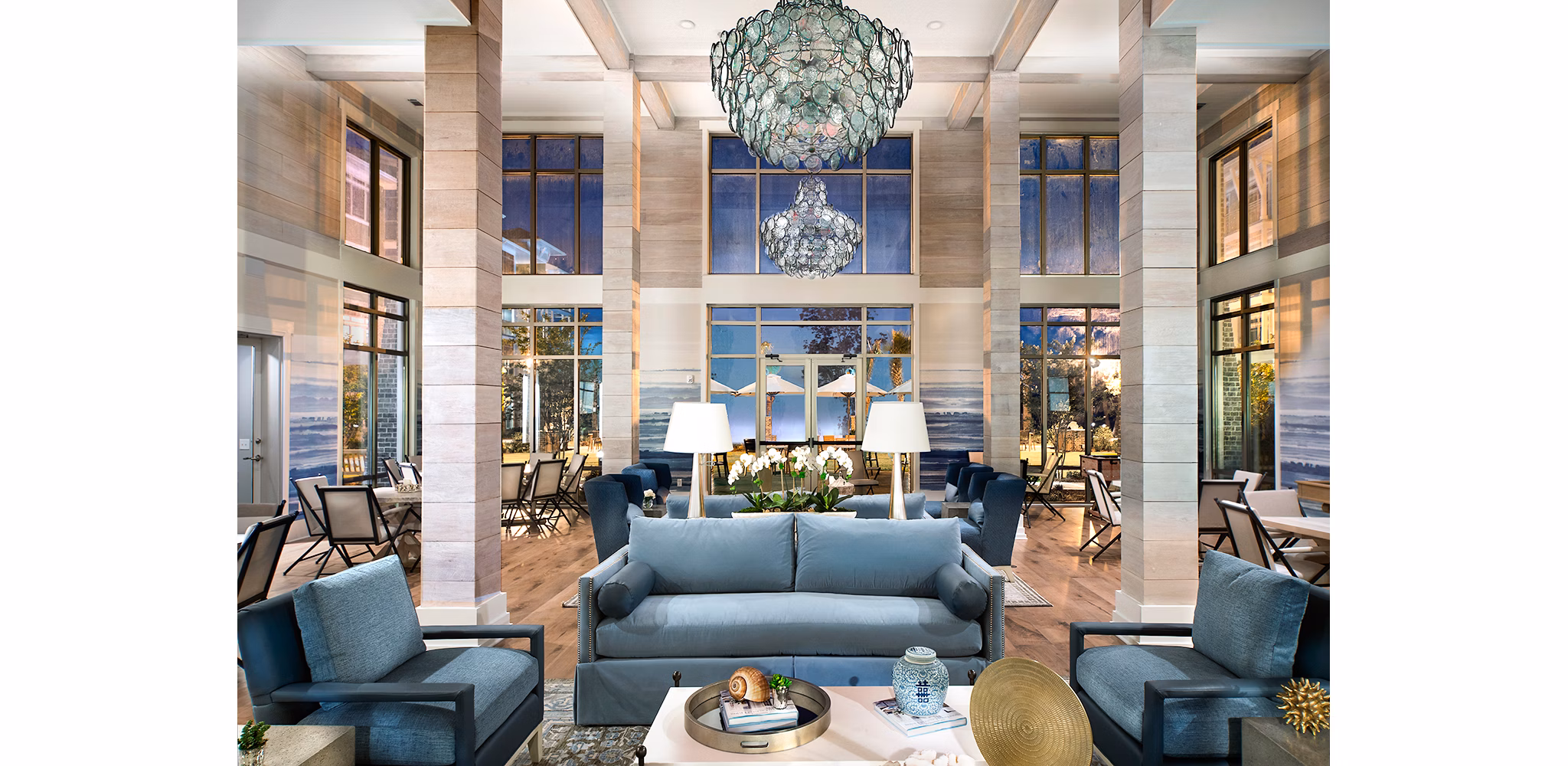 Clubhouse with modern decor and seating areas at WaterWalk at Shelter Cove Towne Centre luxury apartments