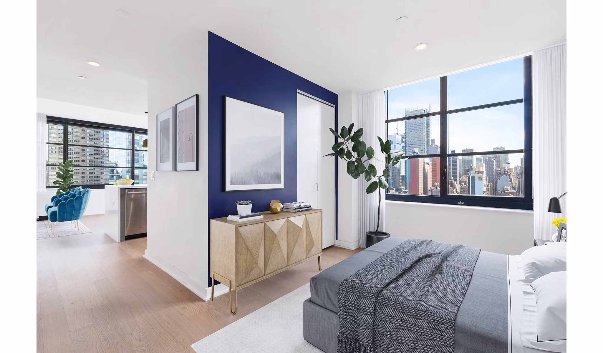 Spacious bedroom with modern furnishings at Henry Hall Apartments, luxury living by Greystar